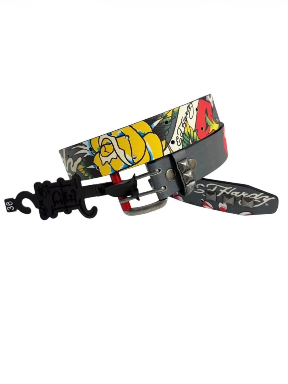 NWT Ed Hardy Studded Dark Gray Graphic Belt Y2K Mens Size 36